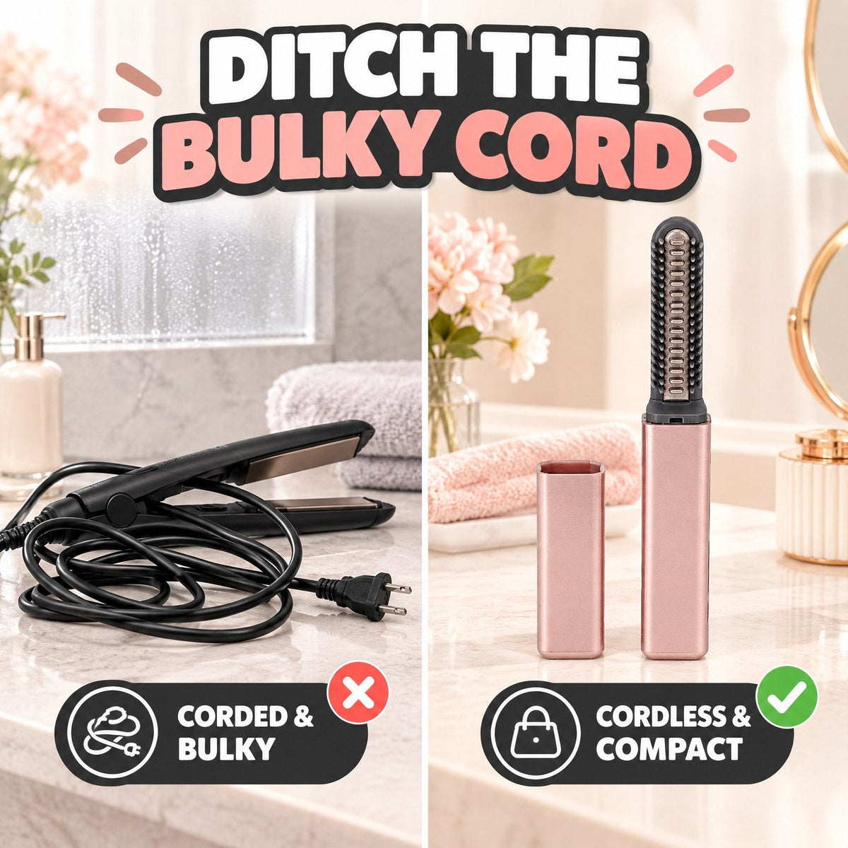 Cordless Mini Hair Straightener Brush for Bangs & Volume